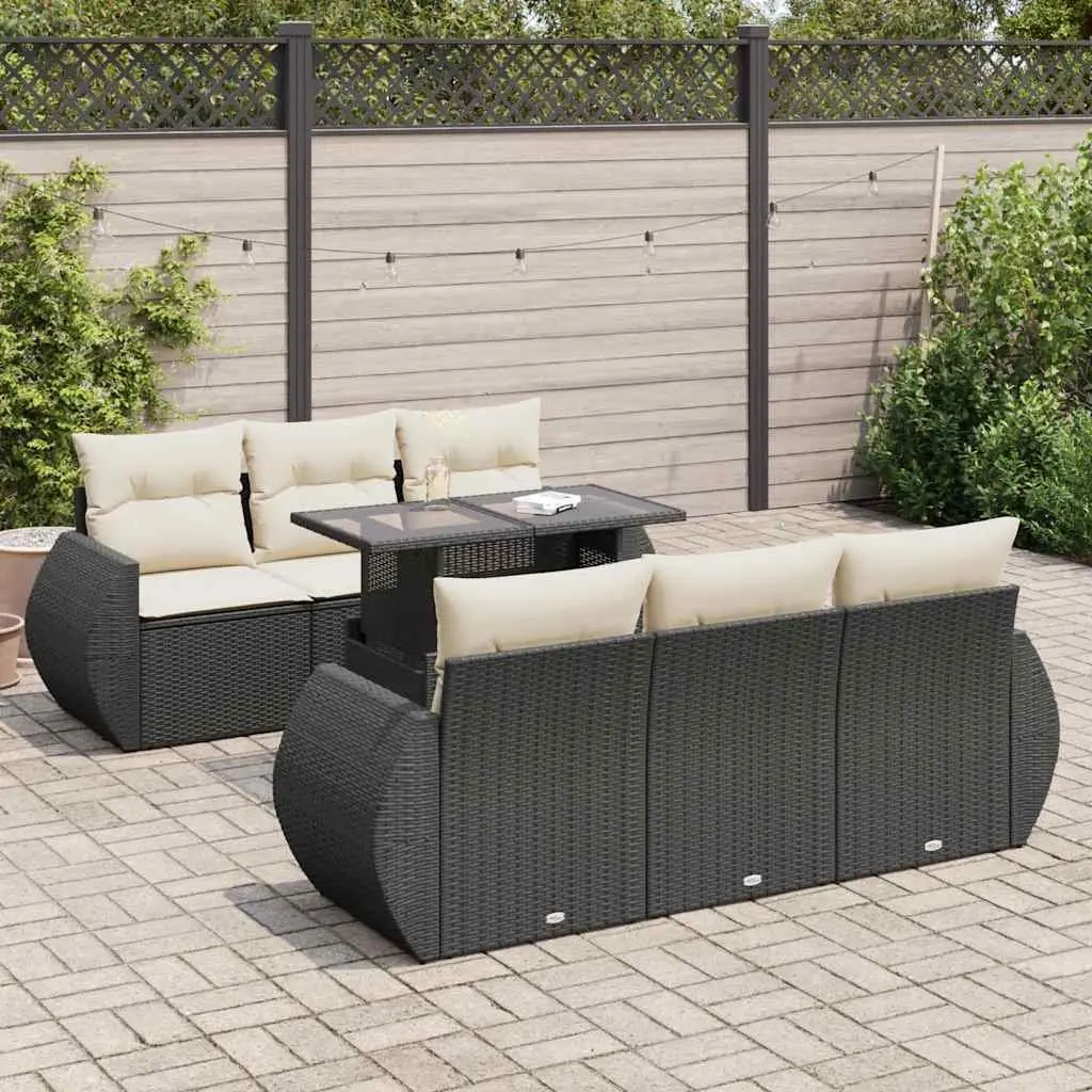 7 Piece Garden Sofa Set Black Poly Rattan with Cushions Adjustable Tabletop and Under-Seat Storage
