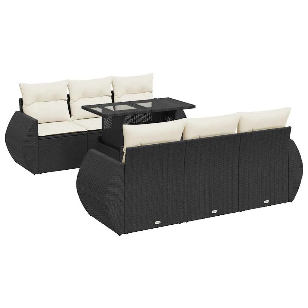 7 Piece Garden Sofa Set Black Poly Rattan with Cushions Adjustable Tabletop and Under-Seat Storage