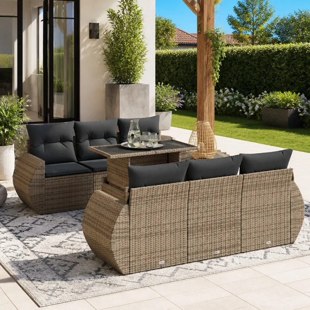 7 Piece Outdoor Rattan Sofa Set Grey with Cushions for Patio and Garden Use