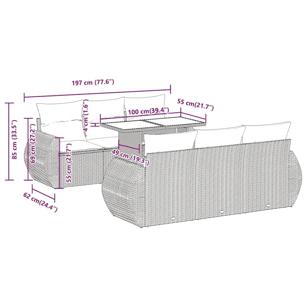 7 Piece Outdoor Rattan Sofa Set Grey with Cushions for Patio and Garden Use