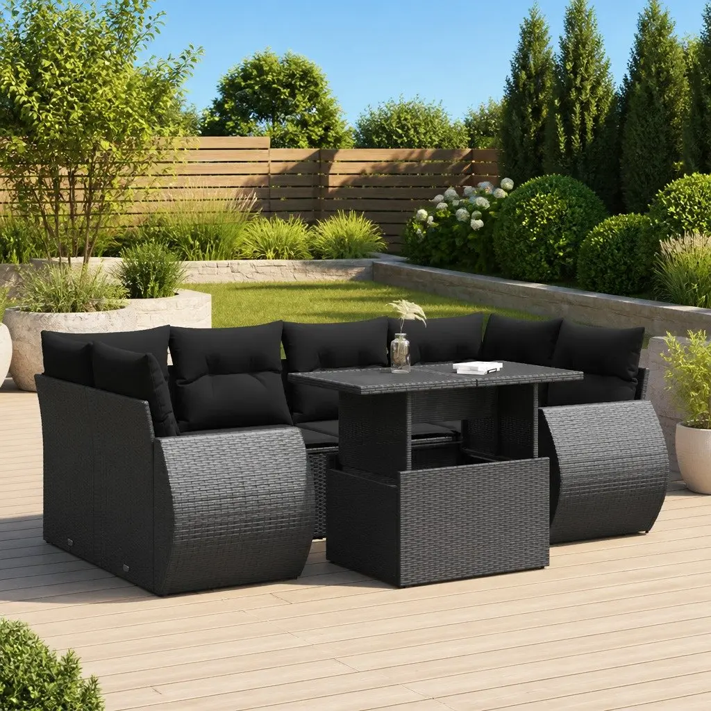 Black Outdoor Sofa Set 7 Piece with Cushions Storage Function Durable Weather Resistant PE Rattan