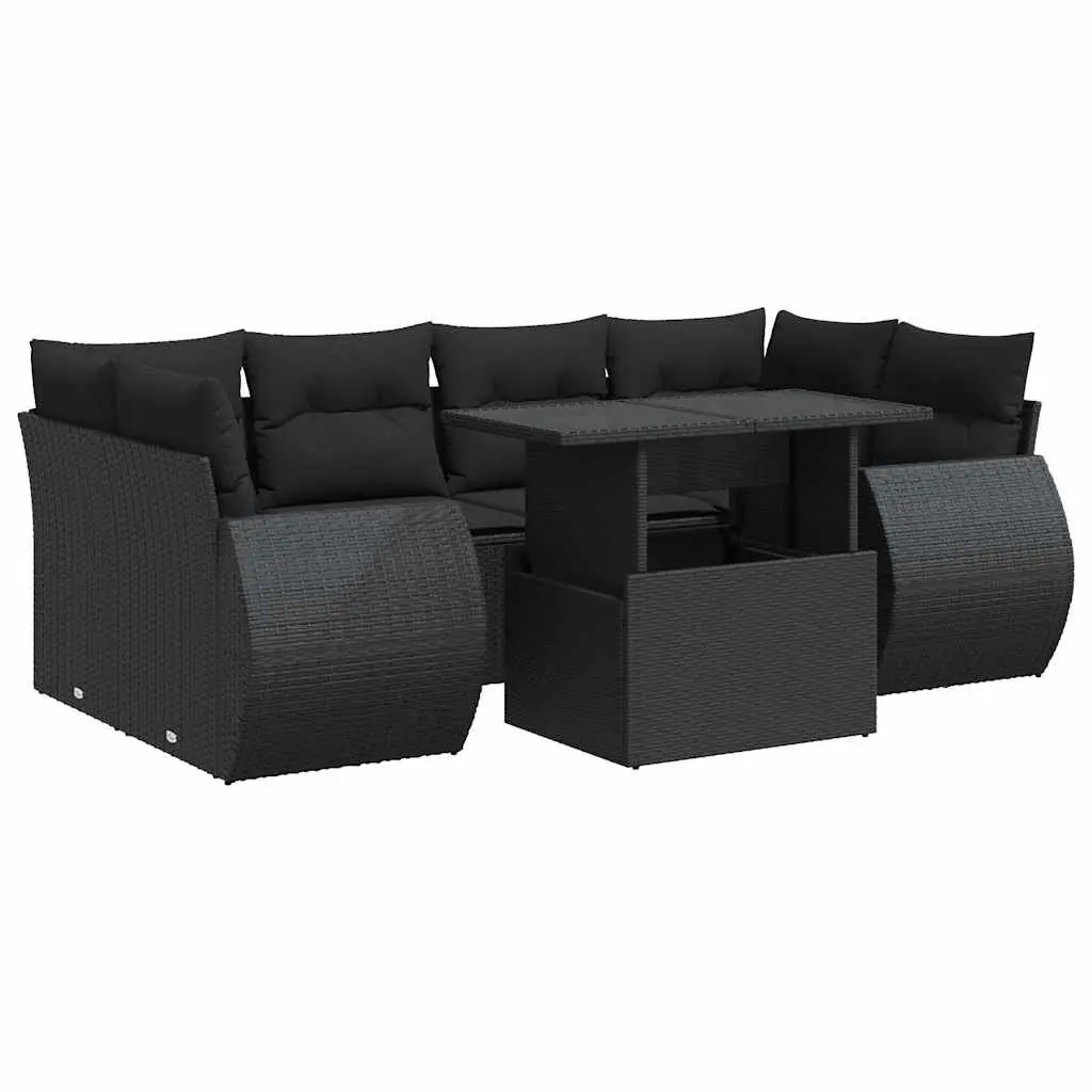 Black Outdoor Sofa Set 7 Piece with Cushions Storage Function Durable Weather Resistant PE Rattan