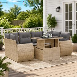 7 Piece Beige Outdoor Sofa Set with Storage