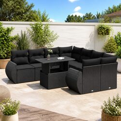 Garden Sofa Set 9 Piece Outdoor Furniture Black Poly Rattan Patio Seating with