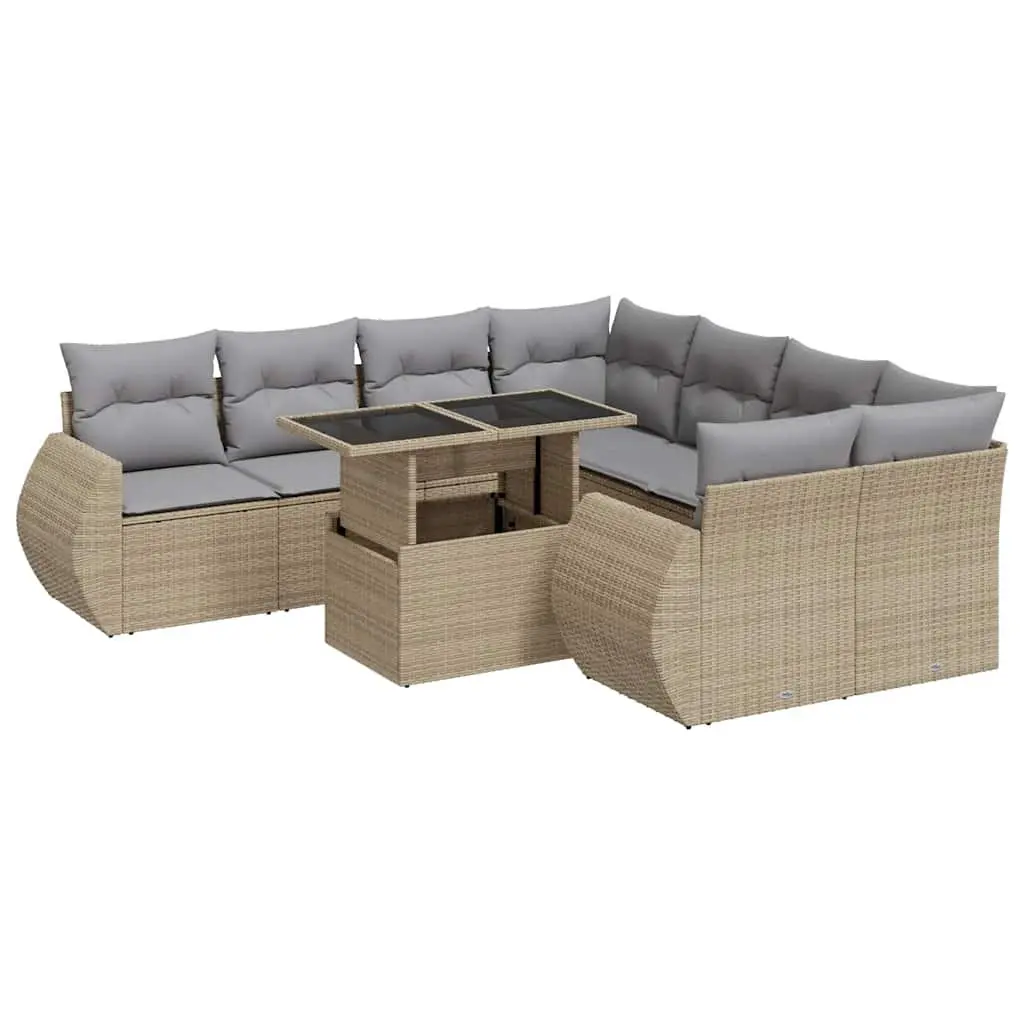 Outdoor Garden Sofa Set Beige 9 Piece Poly Rattan Patio Furniture with Cushions