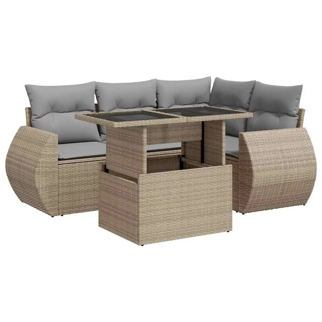 Garden Sofa Set Beige 5 Piece Outdoor Furniture Poly Rattan with Storage