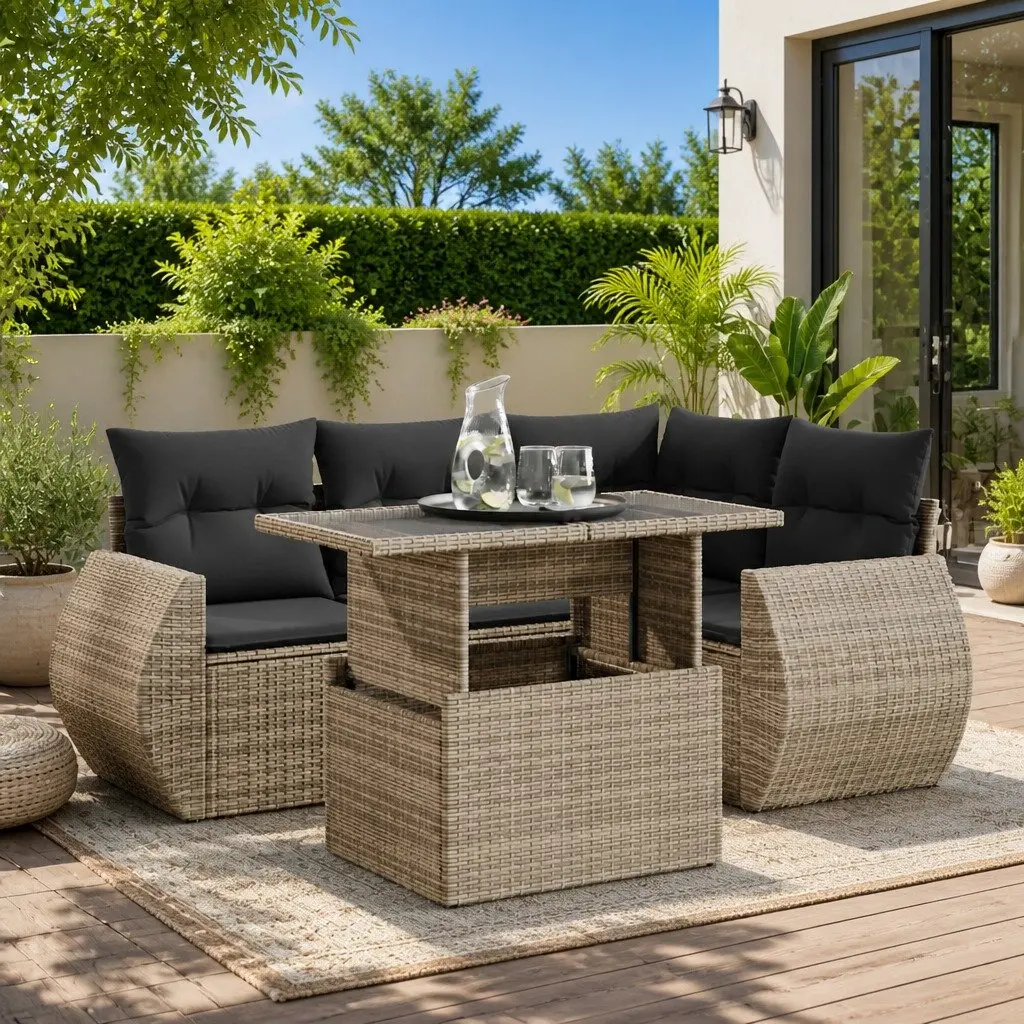 Garden Sofa Set 5 Piece Outdoor Furniture Grey Poly Rattan Patio Lounge with