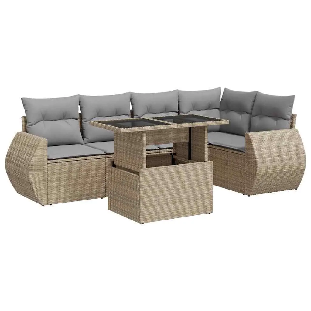 Garden Sofa Set Beige 6 Piece Outdoor Furniture Poly Rattan Patio Lounge with Adjustable Table Storage Function Removable Cushion Covers