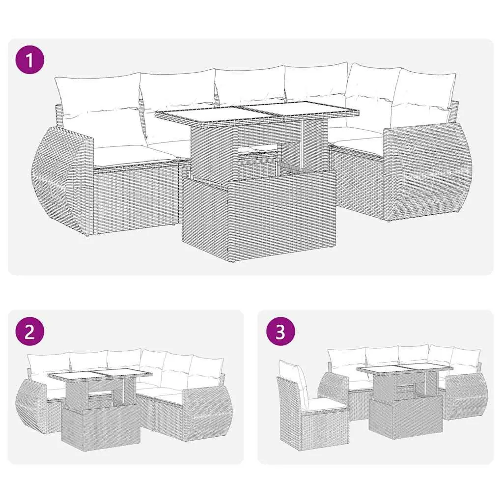 Garden Sofa Set Beige 6 Piece Outdoor Furniture Poly Rattan Patio Lounge with Adjustable Table Storage Function Removable Cushion Covers