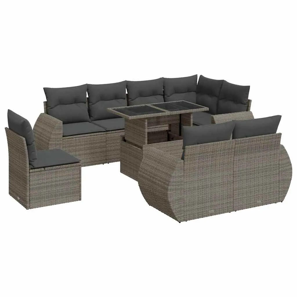 9 Piece Garden Sofa Set Grey PE Rattan Storage Cushions Adjustable Table