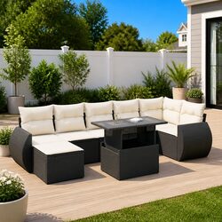 Garden Sofa Set 8 Piece Outdoor Furniture Black Poly Rattan Patio Seating with