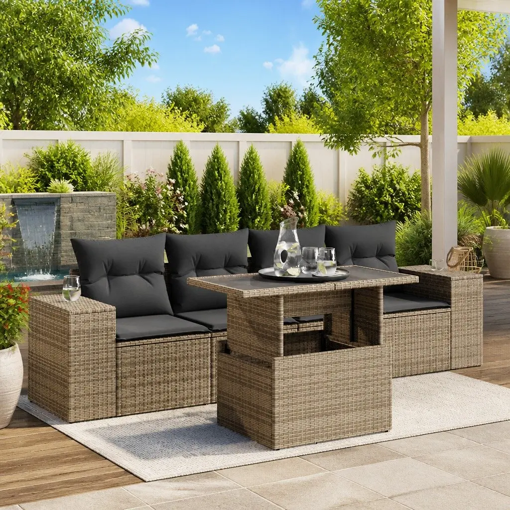 Garden Sofa Set Grey 5 Piece Modular Outdoor Furniture with Adjustable Tabletop and Storage Space