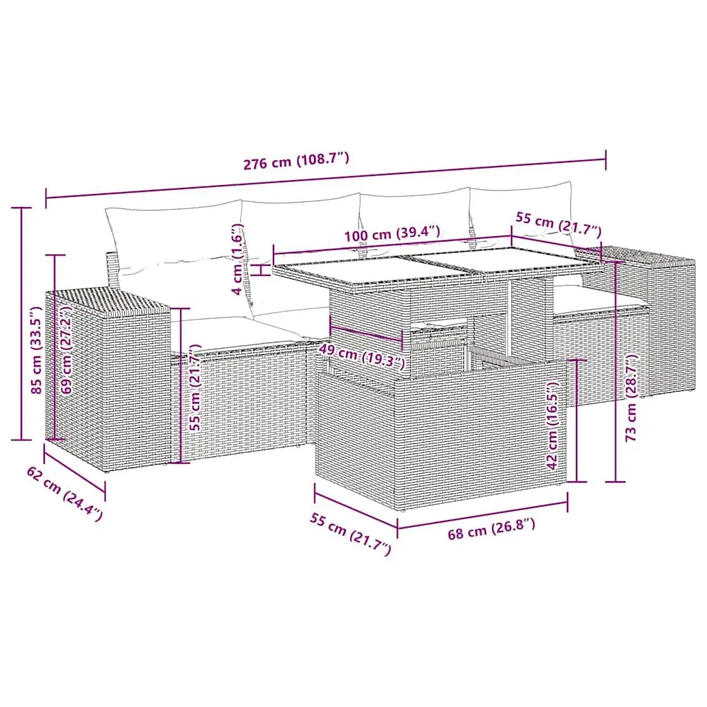 Garden Sofa Set Grey 5 Piece Modular Outdoor Furniture with Adjustable Tabletop and Storage Space