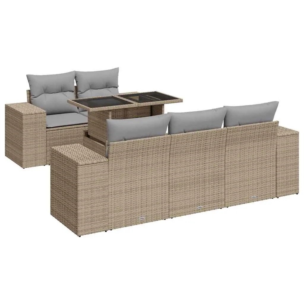 Garden Sofa Set Beige 6 Piece Modular Outdoor Furniture with Cushions and Adjustable Table