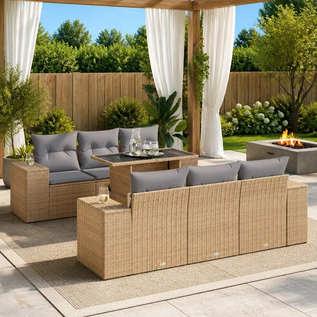 Garden Sofa Set Beige 7 Piece Modular Outdoor Furniture with Storage and Adjustable Tabletop