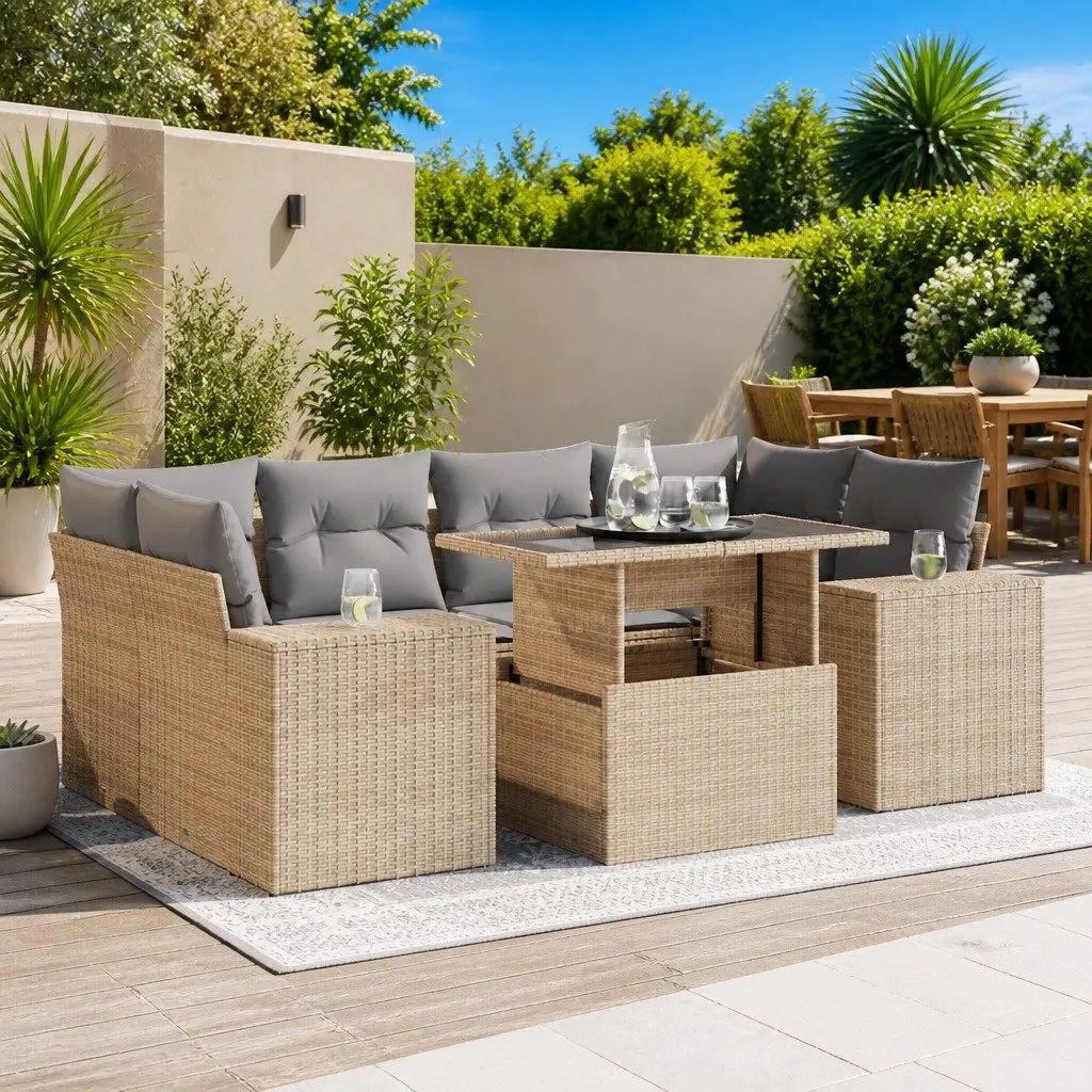 Garden Sofa Set Beige 7 Piece Outdoor Furniture Patio Poly Rattan with Cushions