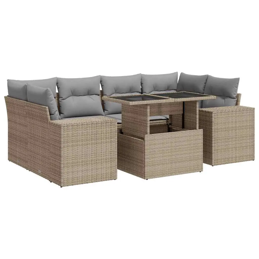 Garden Sofa Set Beige 7 Piece Outdoor Furniture Patio Poly Rattan with Cushions