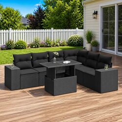 Garden Sofa Set 7 Piece Outdoor Patio Furniture Black Poly Rattan with Cushions
