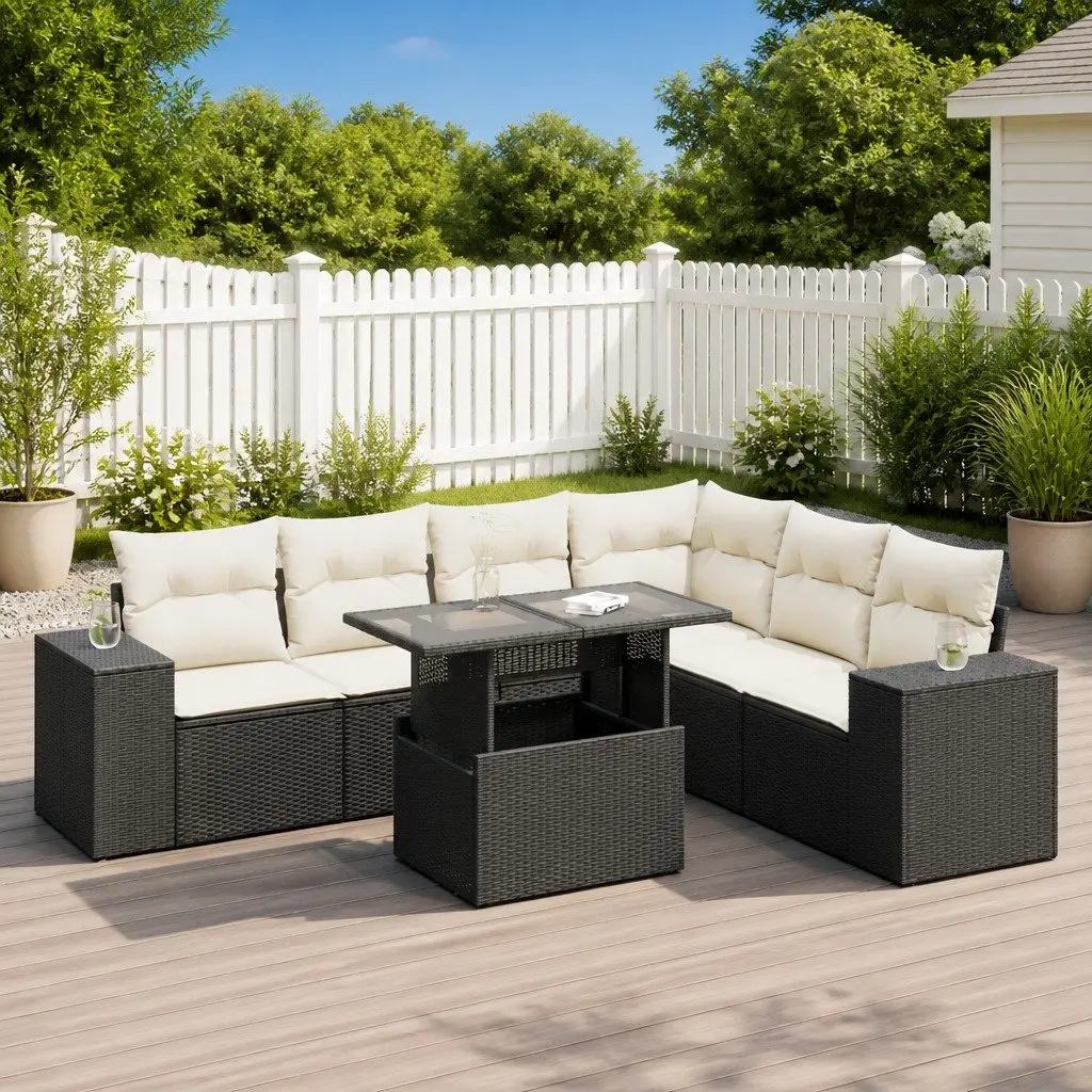 7 Piece Garden Sofa Set Black Poly Rattan Modular Outdoor Furniture with Cushions