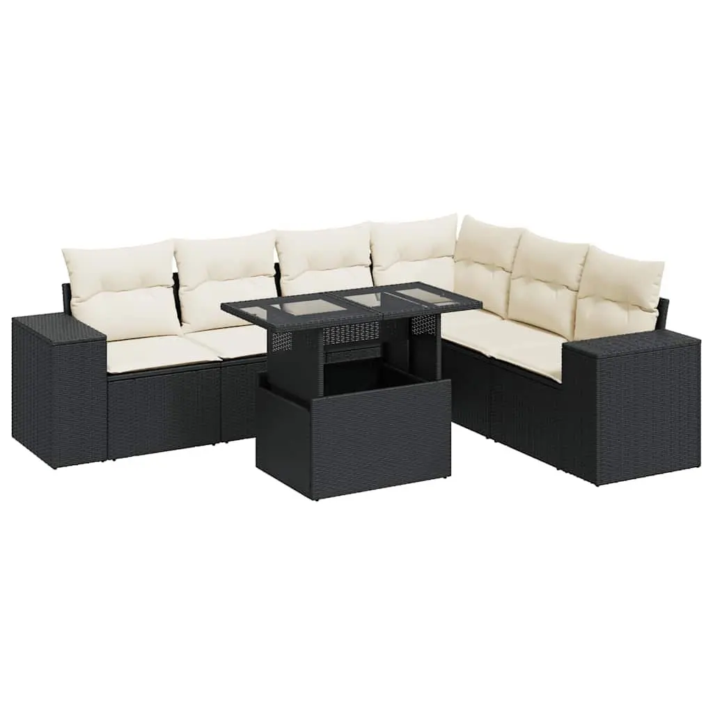 7 Piece Garden Sofa Set Black Poly Rattan Modular Outdoor Furniture with Cushions