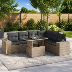 7 Piece Garden Sofa Set Grey Poly Rattan Outdoor Patio Furniture with Storage