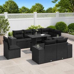 9 Piece Garden Sofa Set Black Poly Rattan Outdoor Furniture Patio with Cushions
