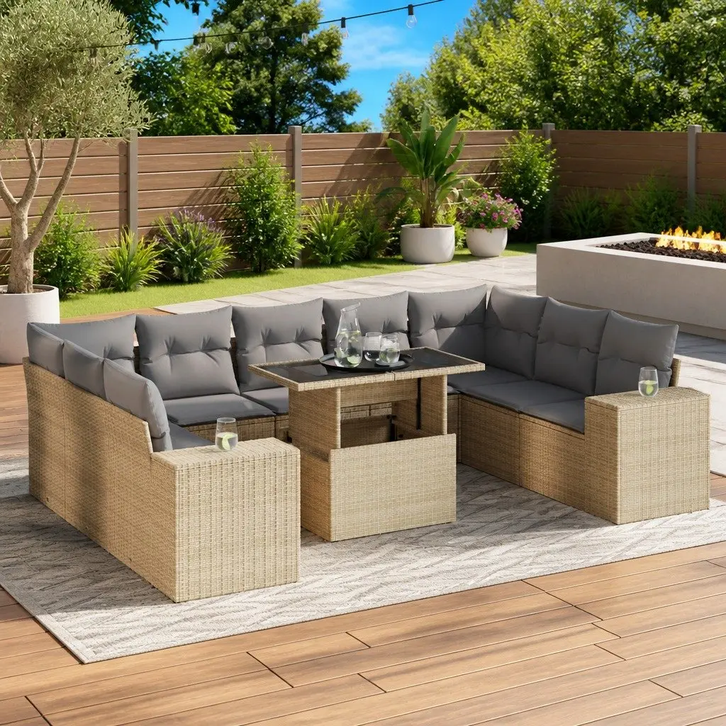 Garden Sofa Set 10 Piece Outdoor Furniture Patio Beige Poly Rattan Modular