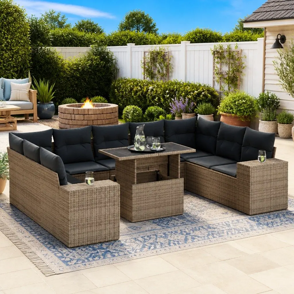 Garden Sofa Set Grey 10 Piece Modular Outdoor Furniture with Adjustable Tabletop and Storage Function