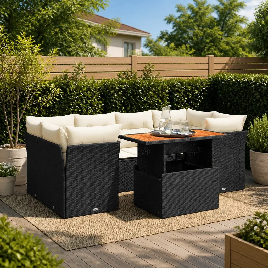 Garden Sofa Set Black 7 Piece Modular Outdoor Furniture Patio Lounge Poly Rattan