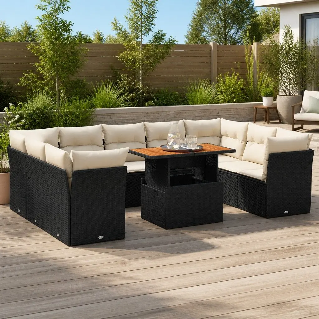 Garden Sofa Set Black 10 Piece Modular Outdoor Furniture with Storage Function Adjustable Tabletop Removable Cushion Covers