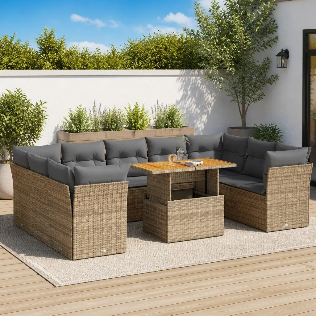 10 Piece Garden Sofa Set Beige Outdoor Furniture with Cushions Storage