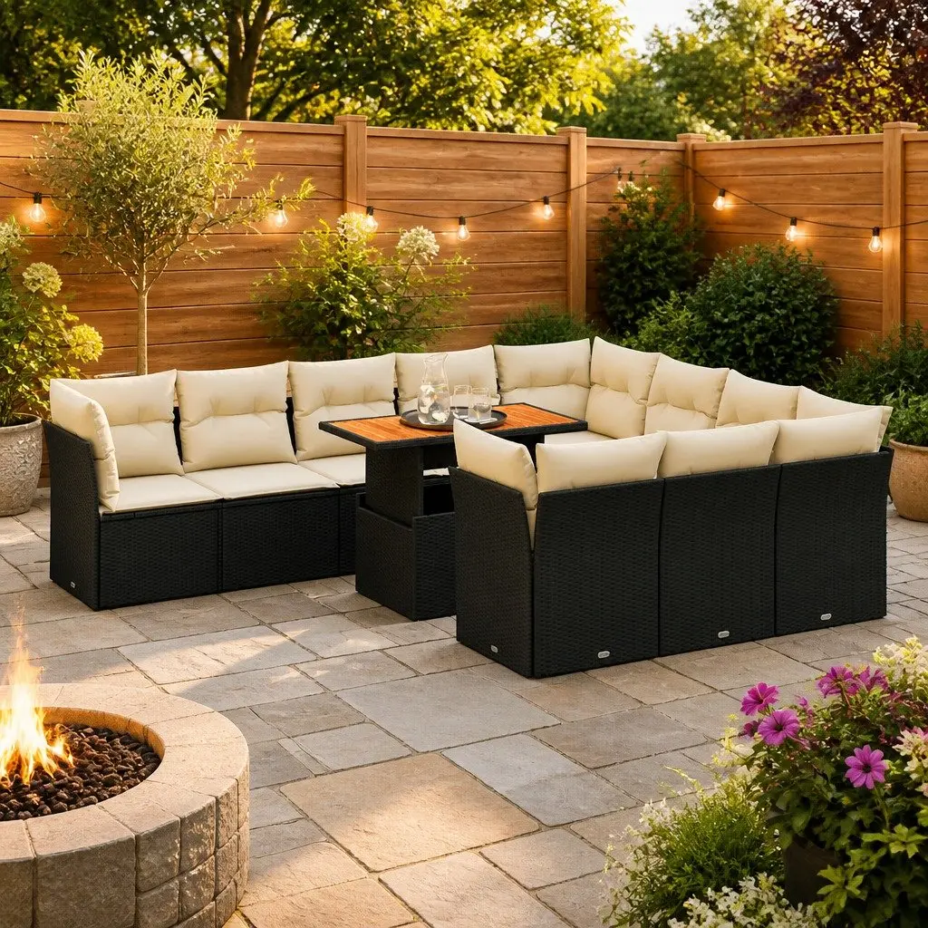 Garden Sofa Set 11 Piece Outdoor Furniture Black Poly Rattan Modular Patio