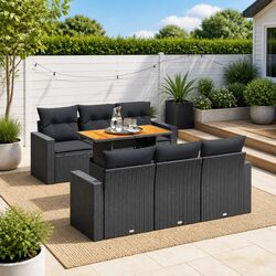 Garden Sofa Set 7 Piece Outdoor Furniture Black Poly Rattan Patio Lounge with