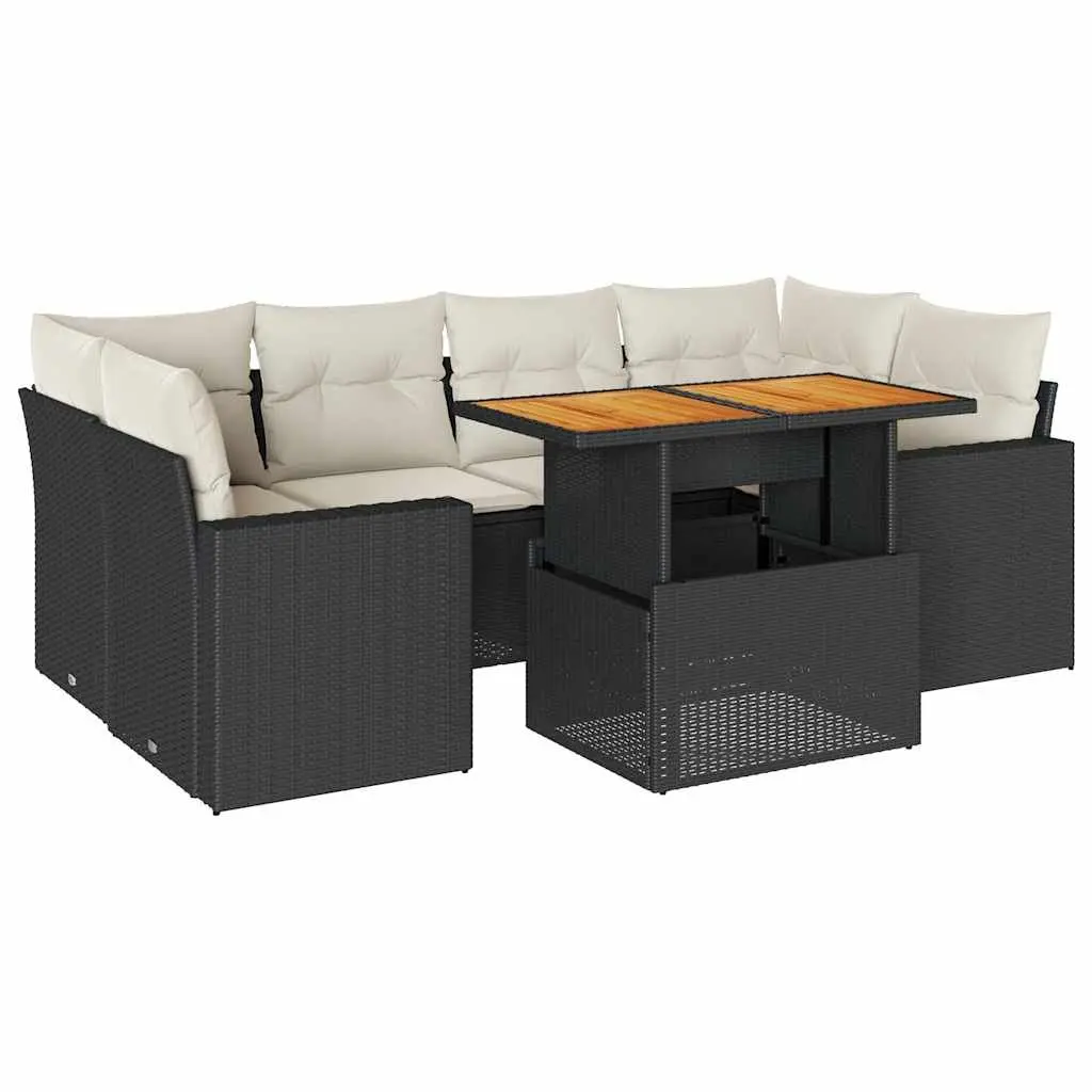 7 Piece Garden Sofa Set Black Poly Rattan Outdoor Furniture Modular Sectional with Adjustable Table and Storage Compartment