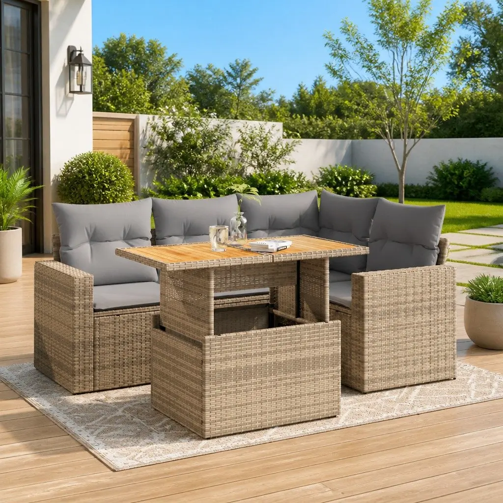 Garden Sofa Set 5 Piece Outdoor Furniture Beige Poly Rattan Patio Lounge with