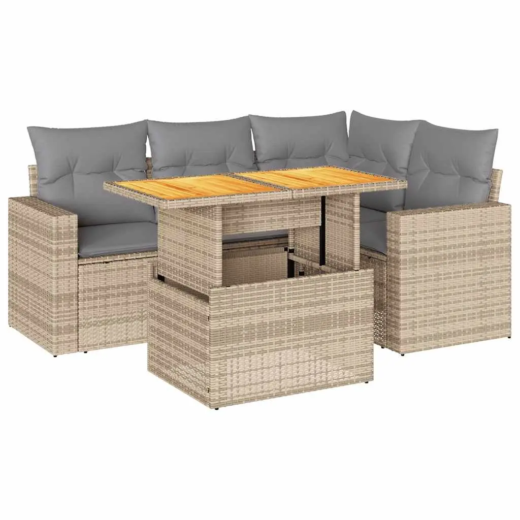 Garden Sofa Set 5 Piece Outdoor Furniture Beige Poly Rattan Patio Lounge with