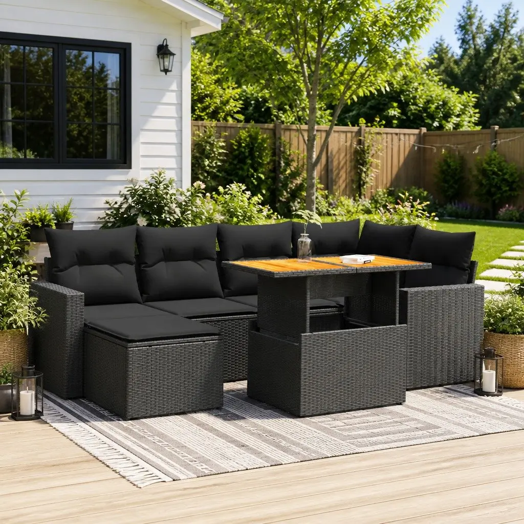 7 Piece Black Garden Sofa Set—Simple and Effective