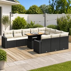 11 Piece Outdoor Garden Sofa Set with Storage Cushions Black Poly Rattan