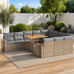 Garden Sofa Set 11 Piece Outdoor Furniture Patio Beige Poly Rattan with Cushions