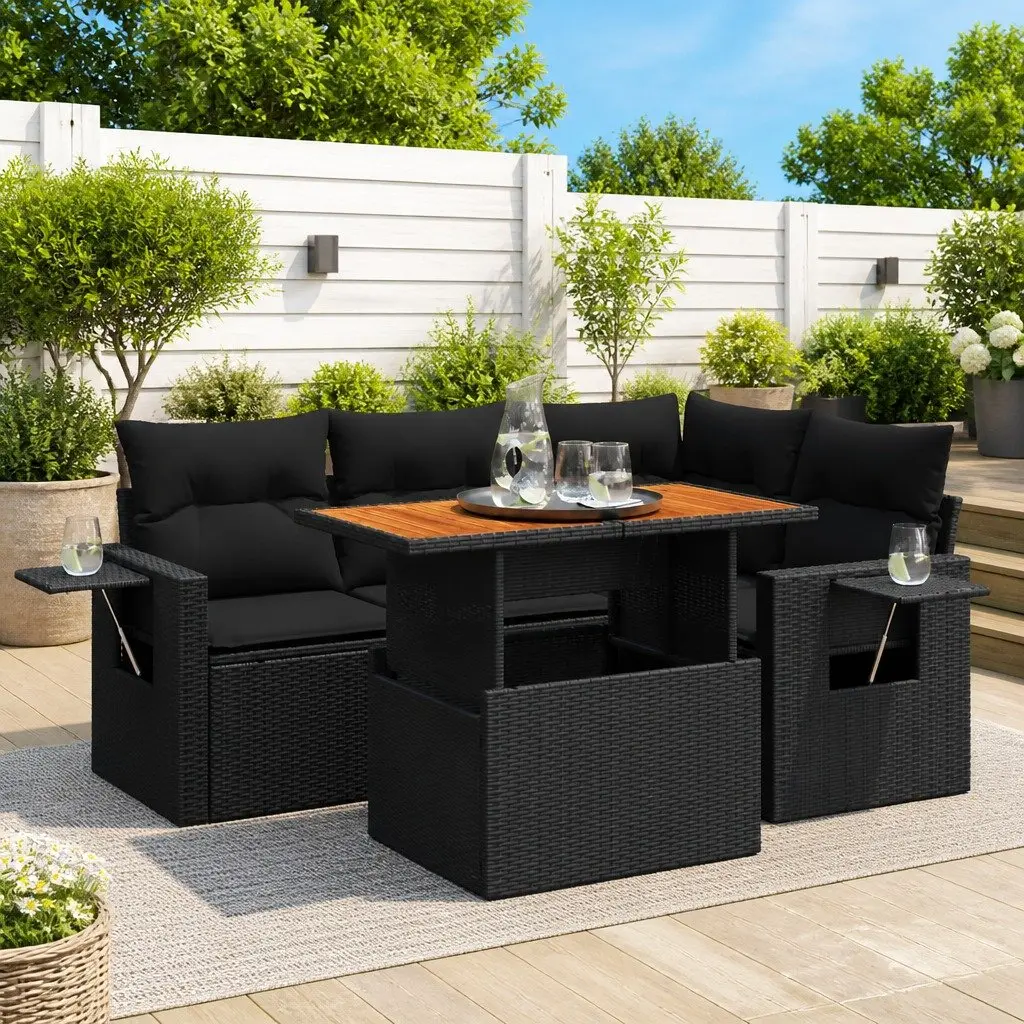 5 Piece Garden Sofa Set Black Modular Sectional Outdoor Furniture with Adjustable Tabletop and Under-Seat Storage