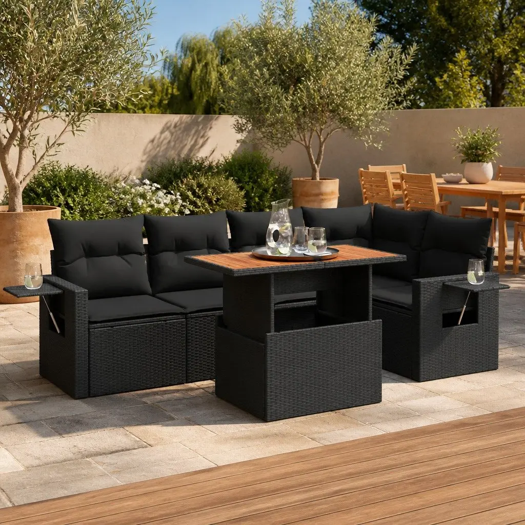 Garden Sofa Set Black 6 Piece Modular Outdoor Furniture with Storage Function and Adjustable Table