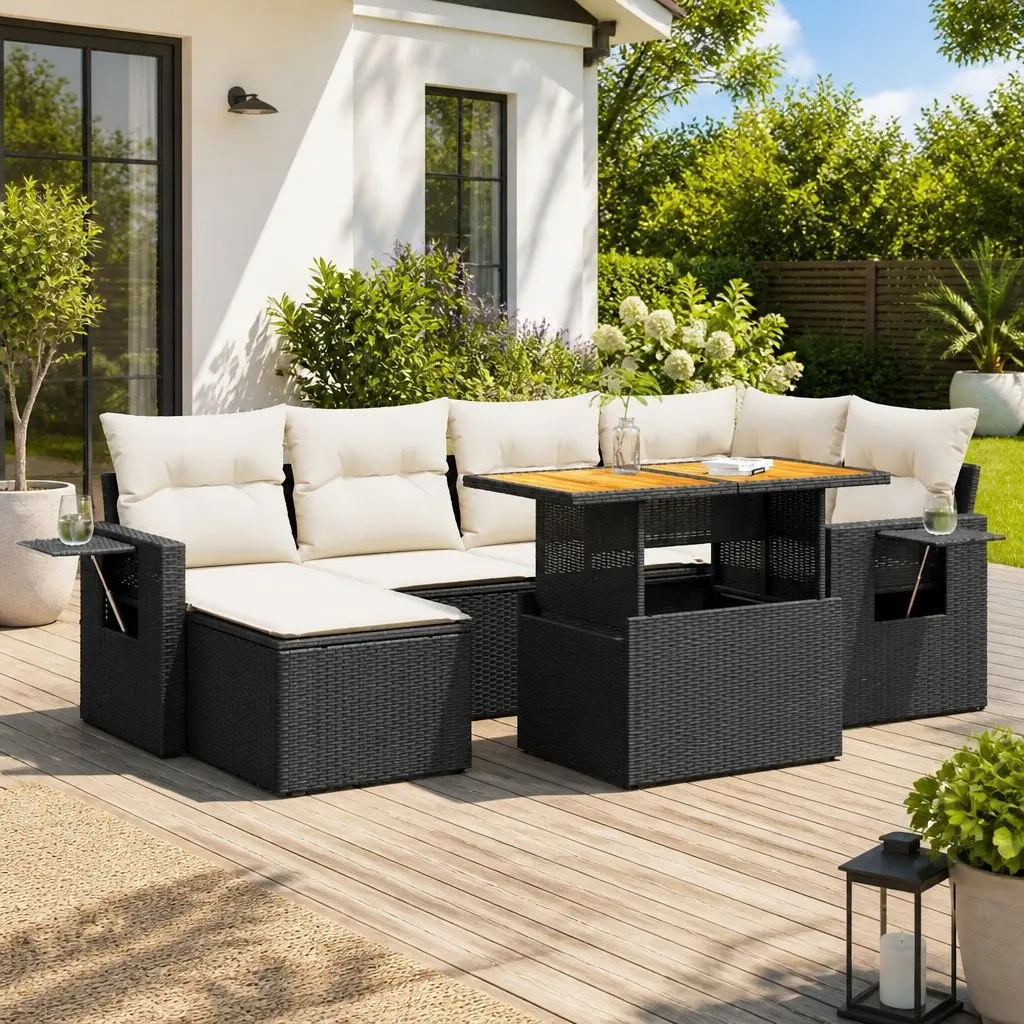 Garden Sofa Set Black 7 Piece Modular Outdoor Furniture with Storage and Adjustable Tabletop