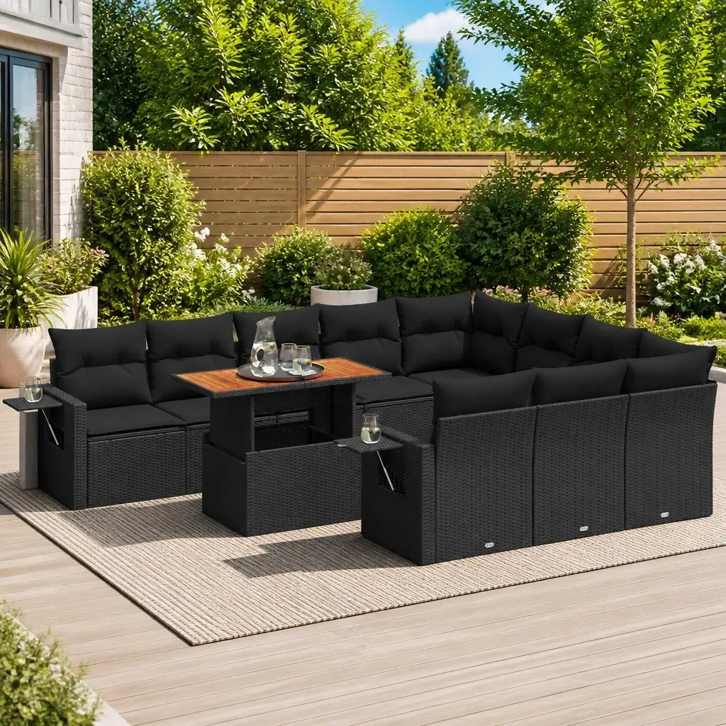 Garden Sofa Set 11 Piece Outdoor Furniture Black Poly Rattan Patio Seating