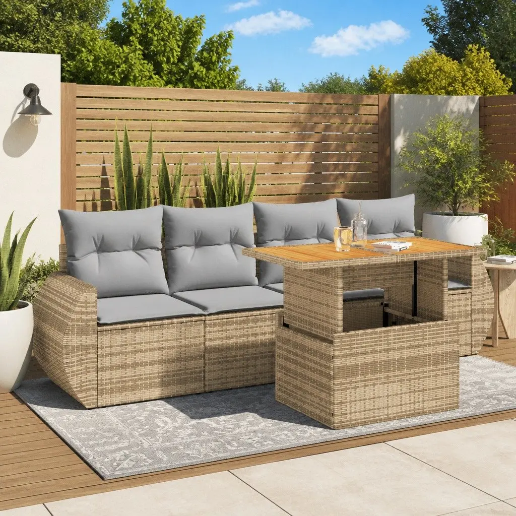 Garden Sofa Set Beige 5 Piece Outdoor Furniture Patio Poly Rattan with Cushions