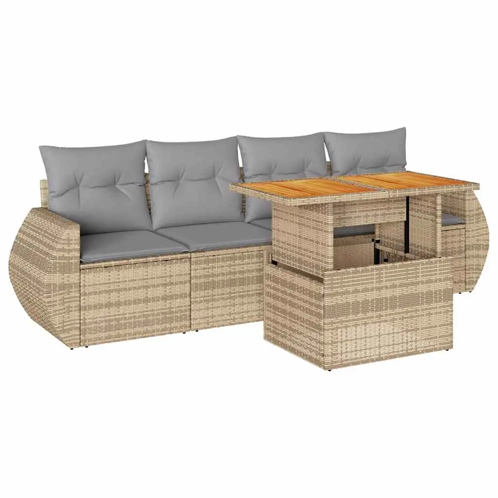Garden Sofa Set Beige 5 Piece Outdoor Furniture Patio Poly Rattan with Cushions