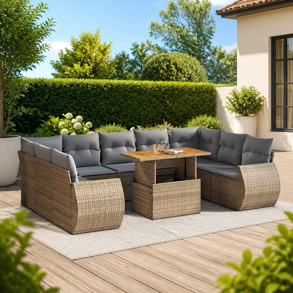 Garden Sofa Set 10 Piece Outdoor Furniture Patio Lounge Beige Poly Rattan