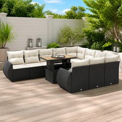 11 Piece Outdoor Garden Sofa Set Black Poly Rattan Patio Furniture with Storage