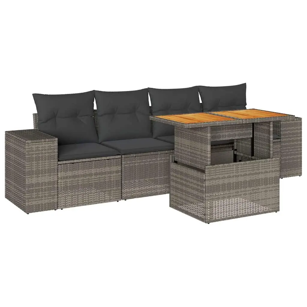 Garden Sofa Set Grey 5 Piece Poly Rattan Outdoor Furniture with Storage Table and Removable Cushions