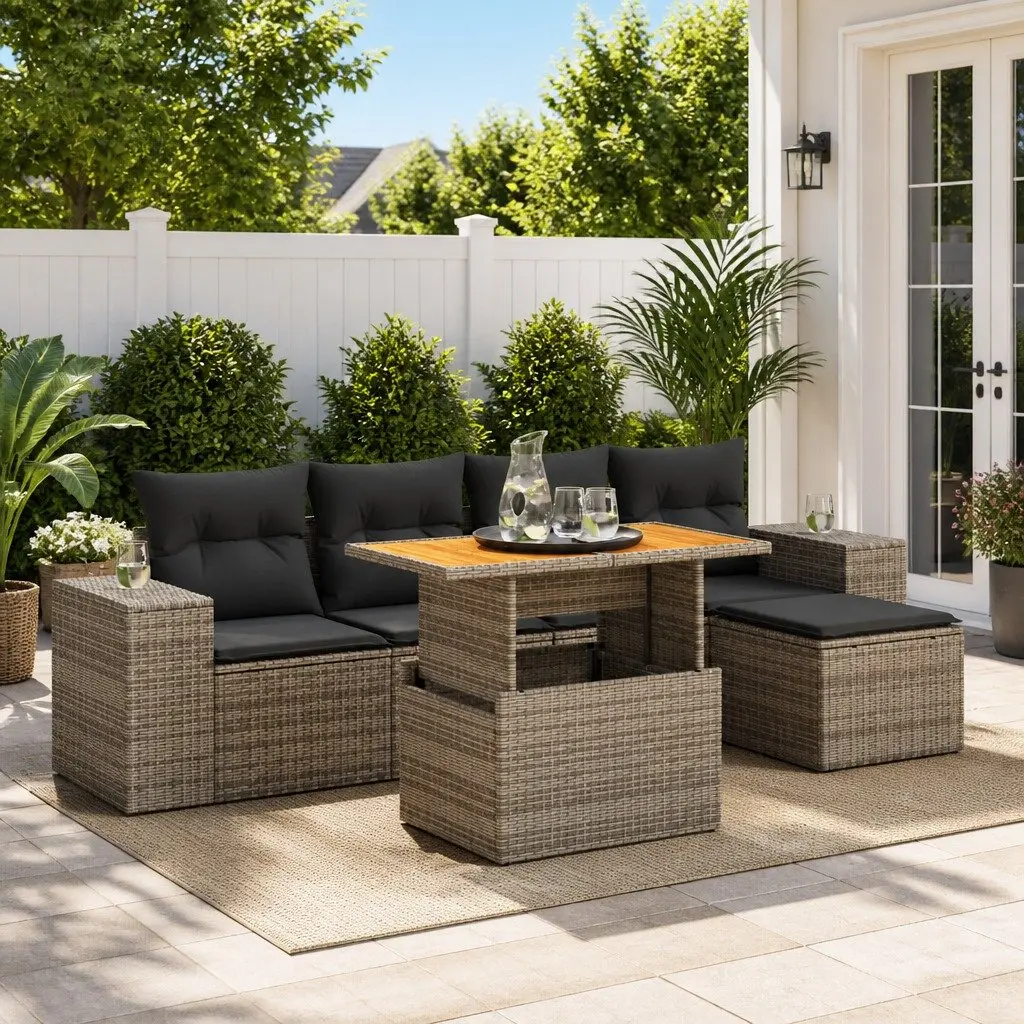Garden Sofa Set Grey 6 Piece Outdoor Furniture Patio Modular PE Rattan with Storage Compartment Adjustable Tabletop