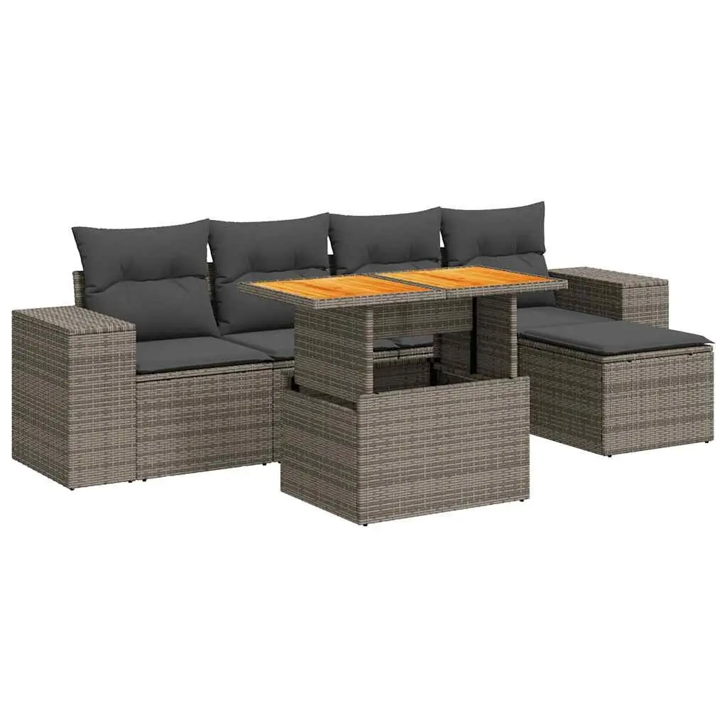 Garden Sofa Set Grey 6 Piece Outdoor Furniture Patio Modular PE Rattan with Storage Compartment Adjustable Tabletop